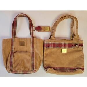 Longaberger Homestead Set of 2 Corduroy Plaid Purses with Key Ring Tote Bag